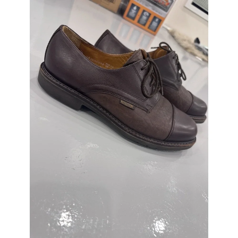 MEPHISTO Men's Brown Leather Cap Toe Lace-Up Derby Dress Shoes Round Toe